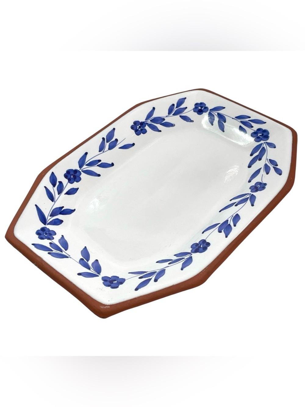 Vintage 1970s Portuguese Signed Terracotta Blue White Floral Pottery Art Plate